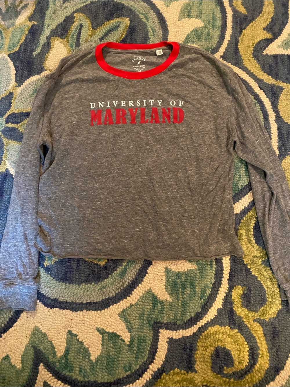 League Grey Long Sleeve University of Maryland Ringer Tee with Red Trim